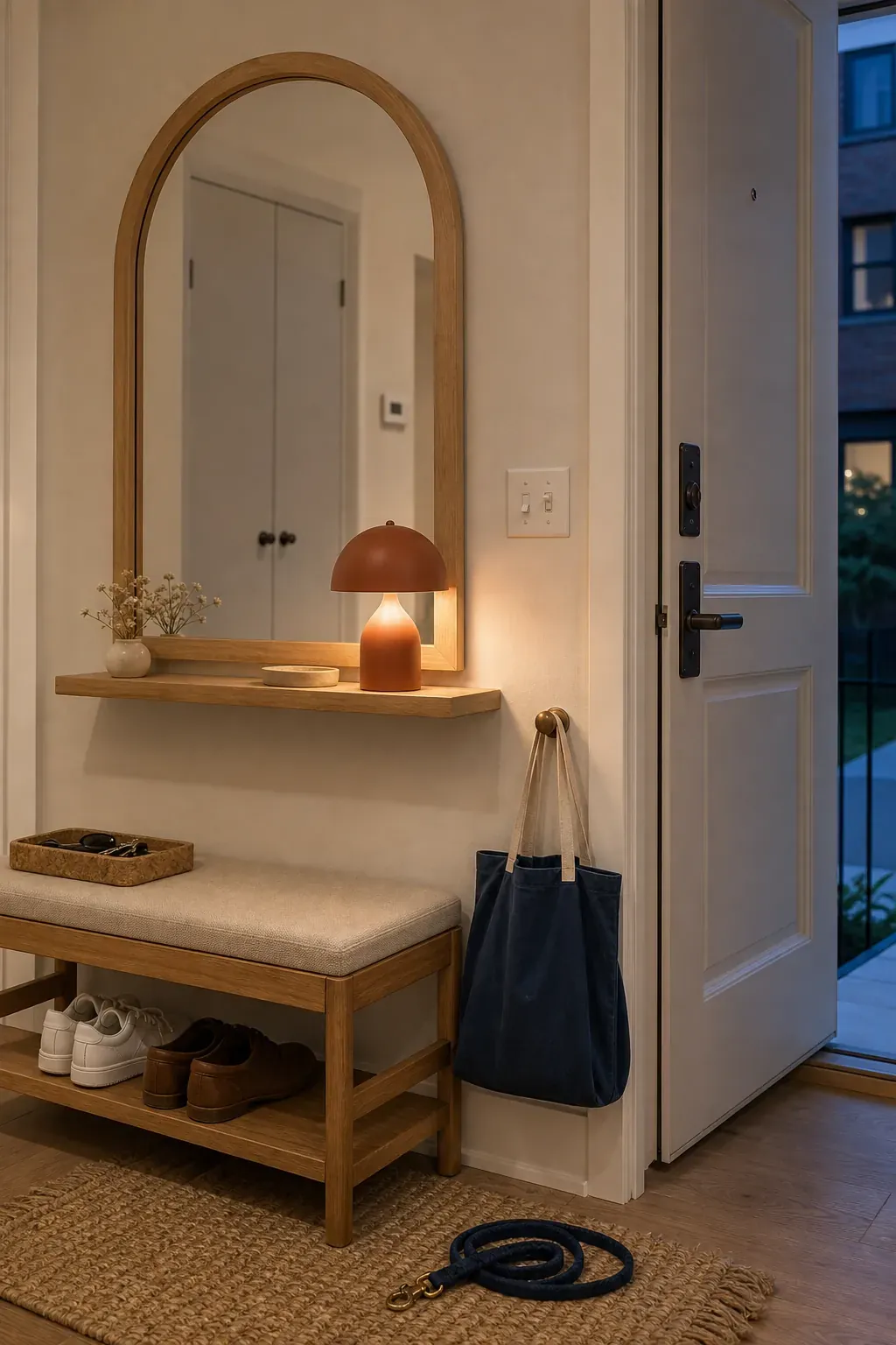 A Rechargeable Lamp for a Rental Drop Zone in an entryway with mirror reflections