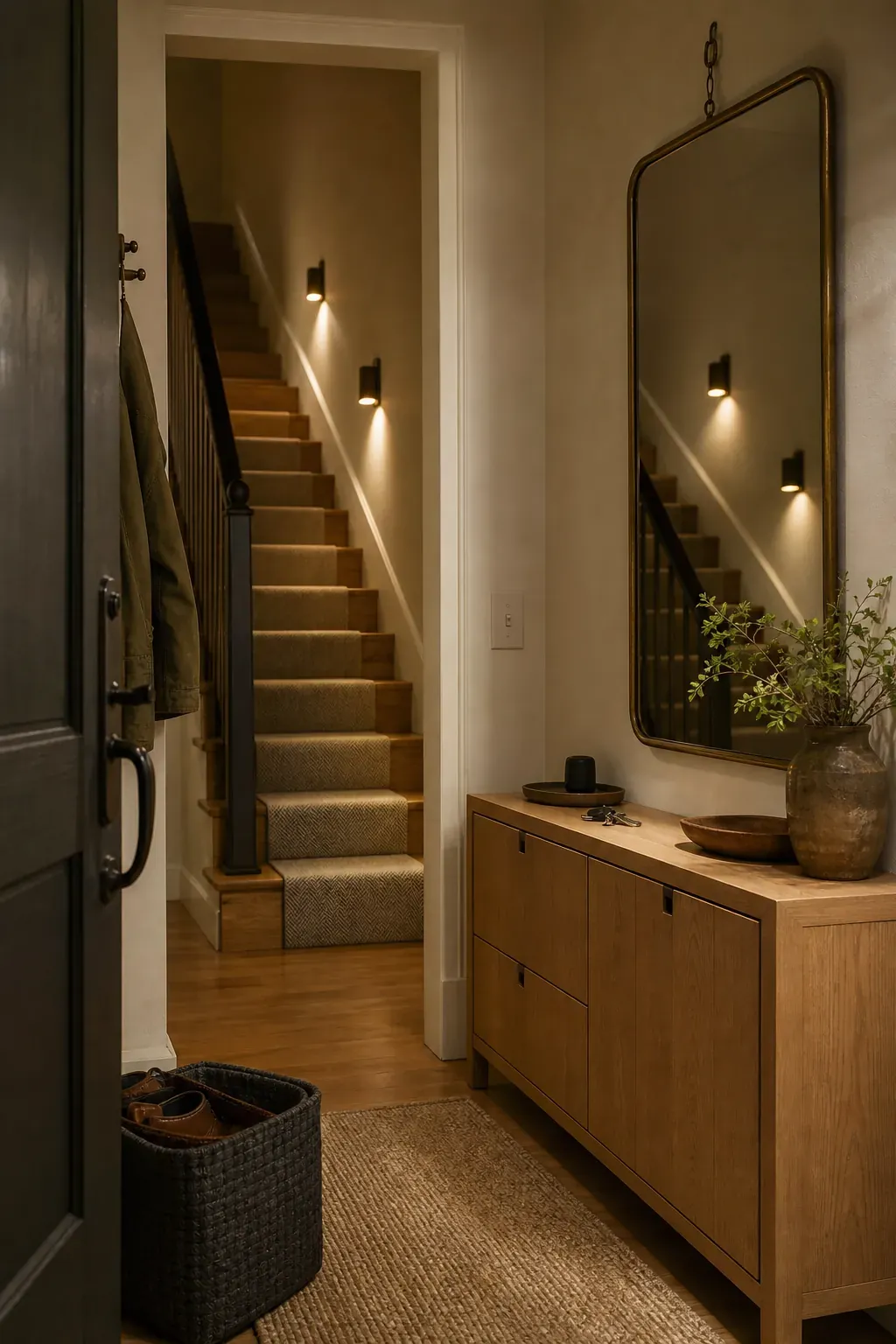 Stair Sconces Repeated in the Mirror in an entryway with mirror reflections