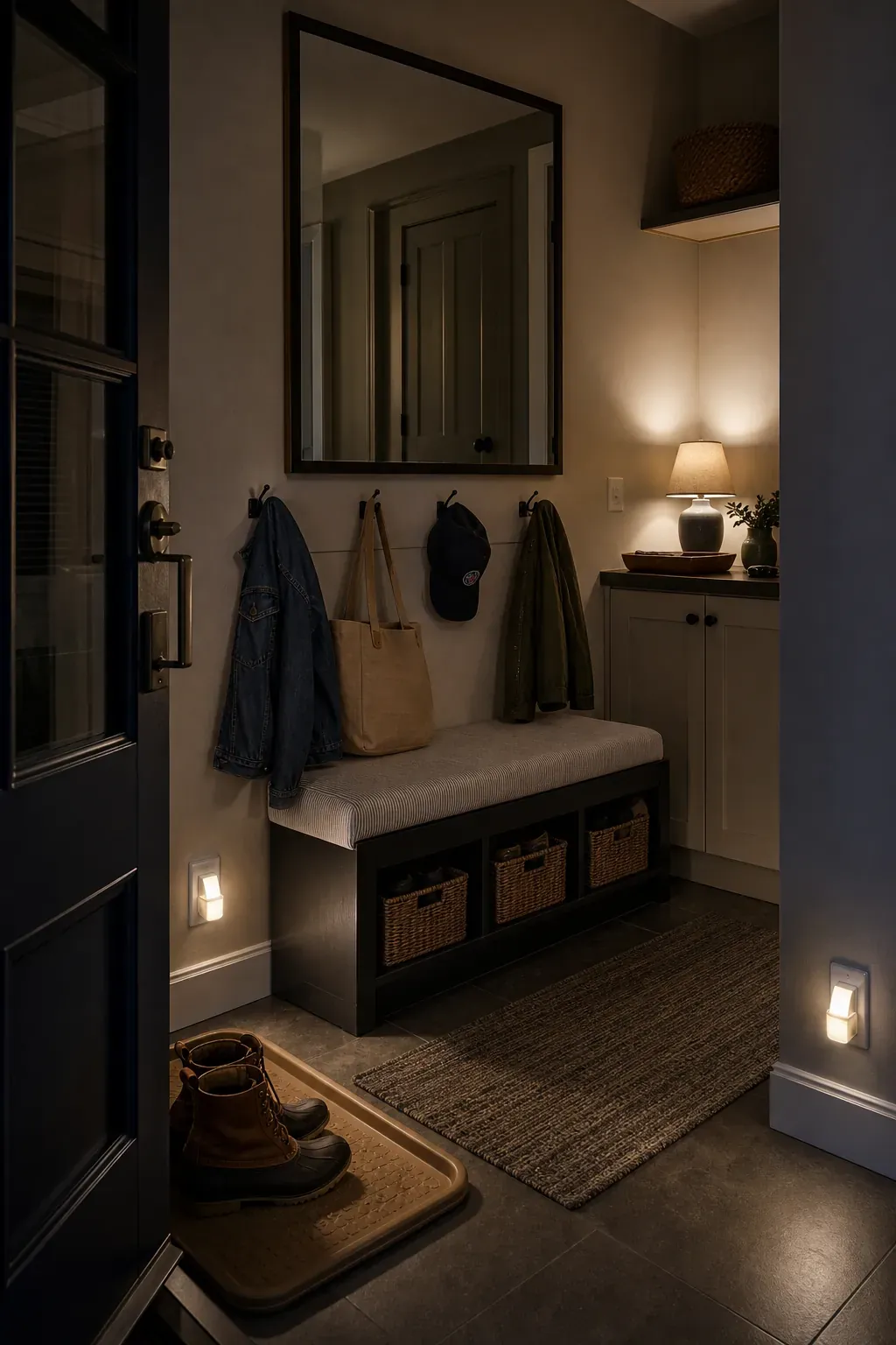 Low-Level Light for Late Arrivals in an entryway with mirror reflections