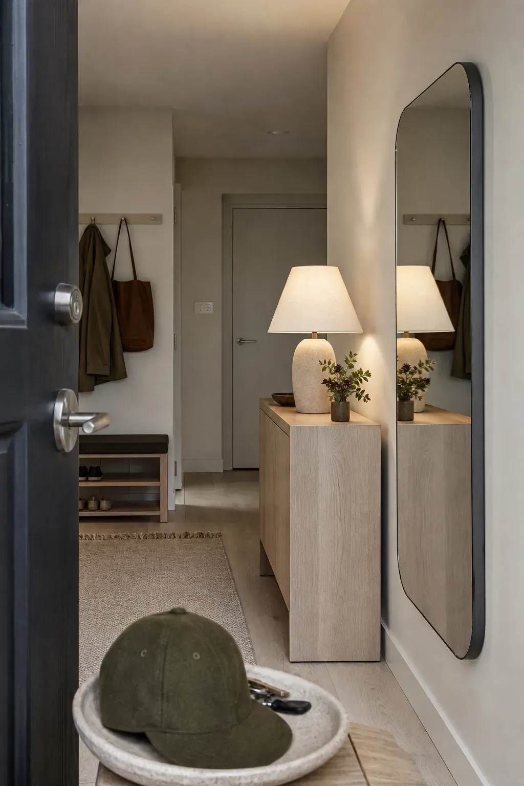 A Side-Wall Mirror Instead of Facing the Door in an entryway with mirror reflections