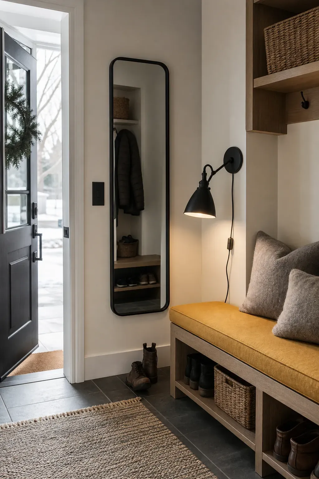A Bench Sconce for Shoes and Final Checks in an entryway with mirror reflections