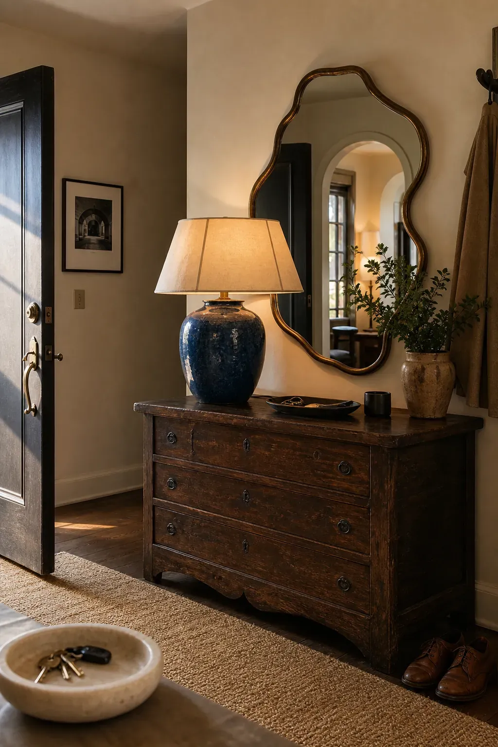 A Sculptural Lamp as the Foyer Focal Point in an entryway with mirror reflections