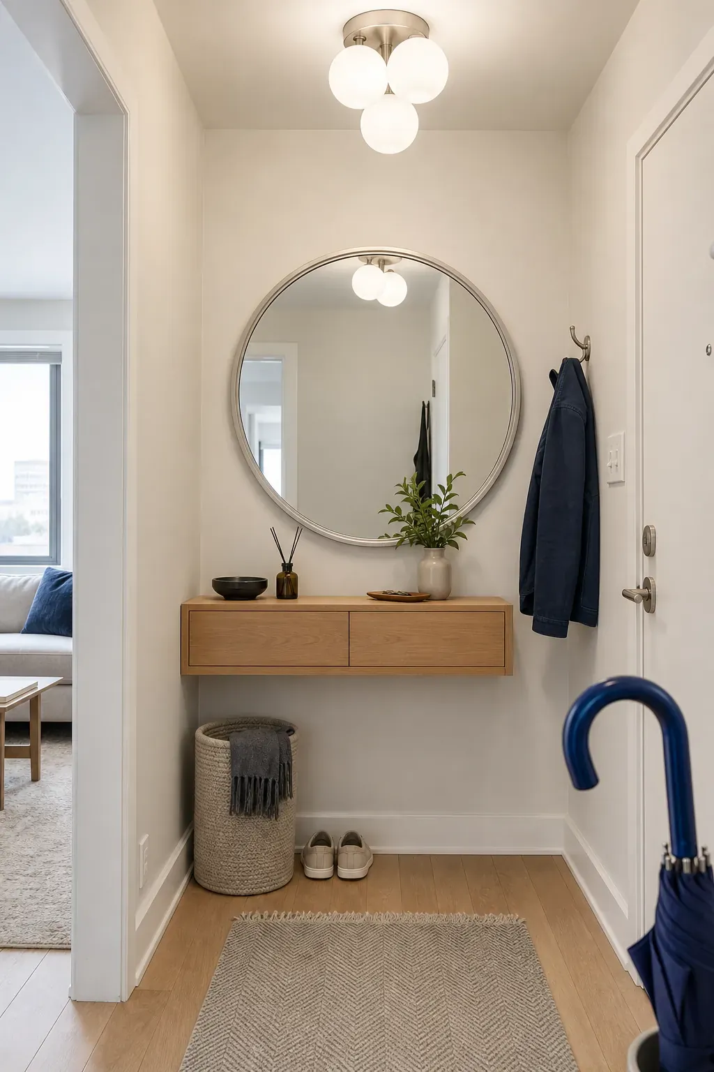 A Globe Cluster in a Small Square Foyer in an entryway with mirror reflections