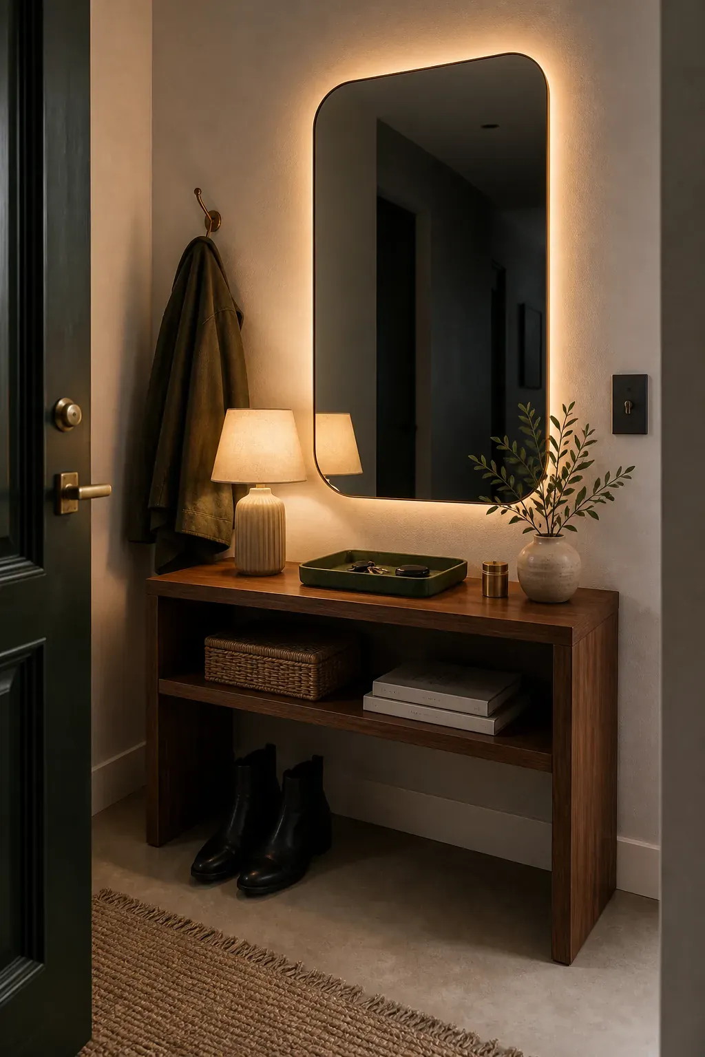 Soft Backlight Around a Mirror Edge in an entryway with mirror reflections