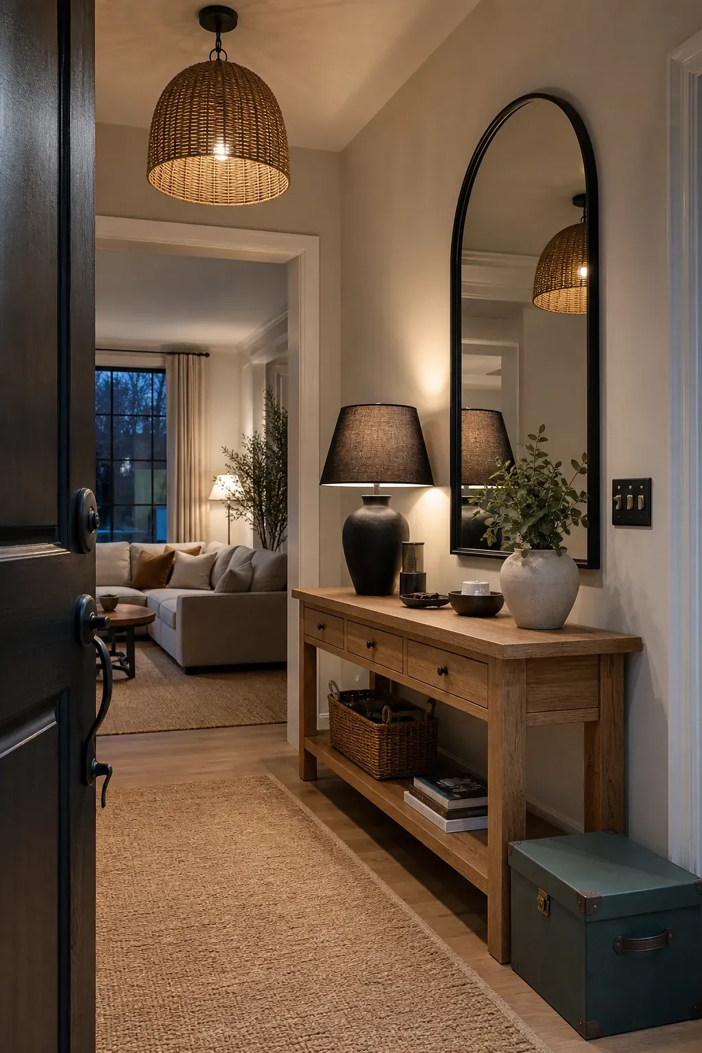 A Table Lamp and Pendant on Separate Dimmers in an entryway with mirror reflections