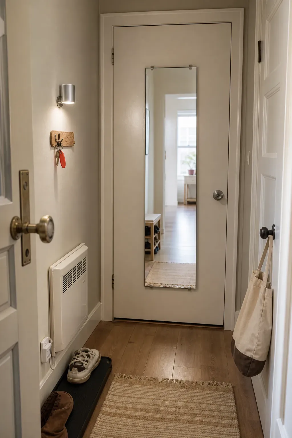 A Slim Mirror on the Back of the Door in an entryway with mirror reflections
