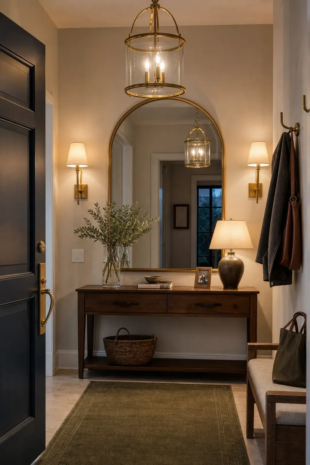 A Dimmable Layer for Every Time of Day in an entryway with mirror reflections