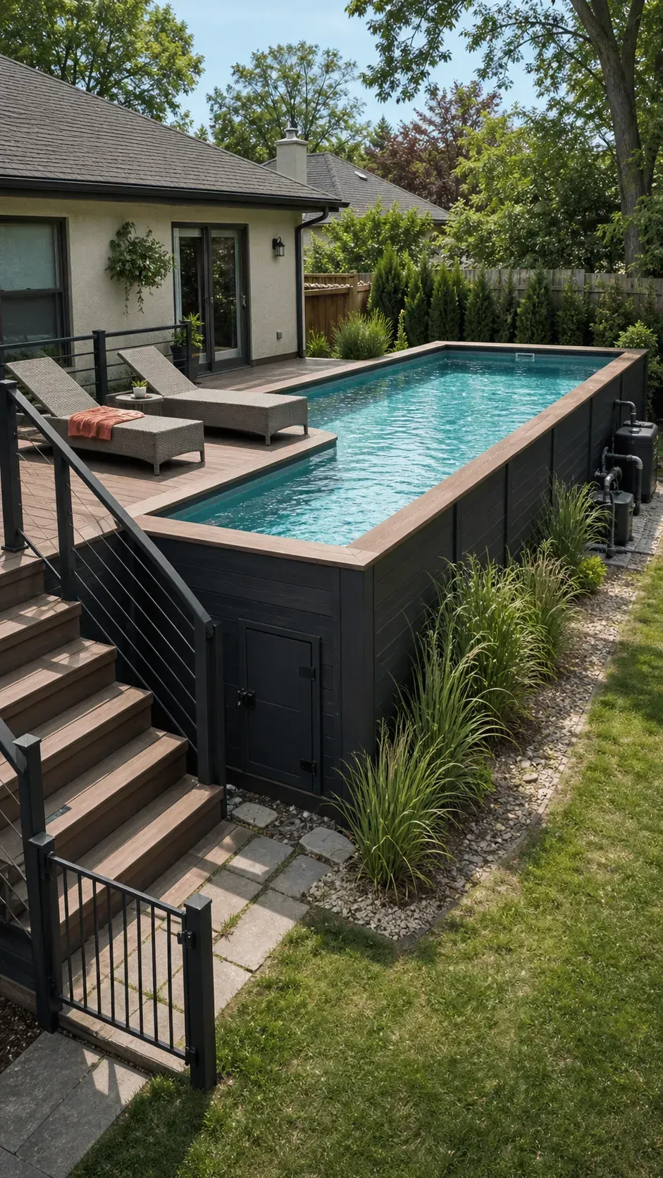 Modern above-ground pool integrated into a complete built-in backyard design