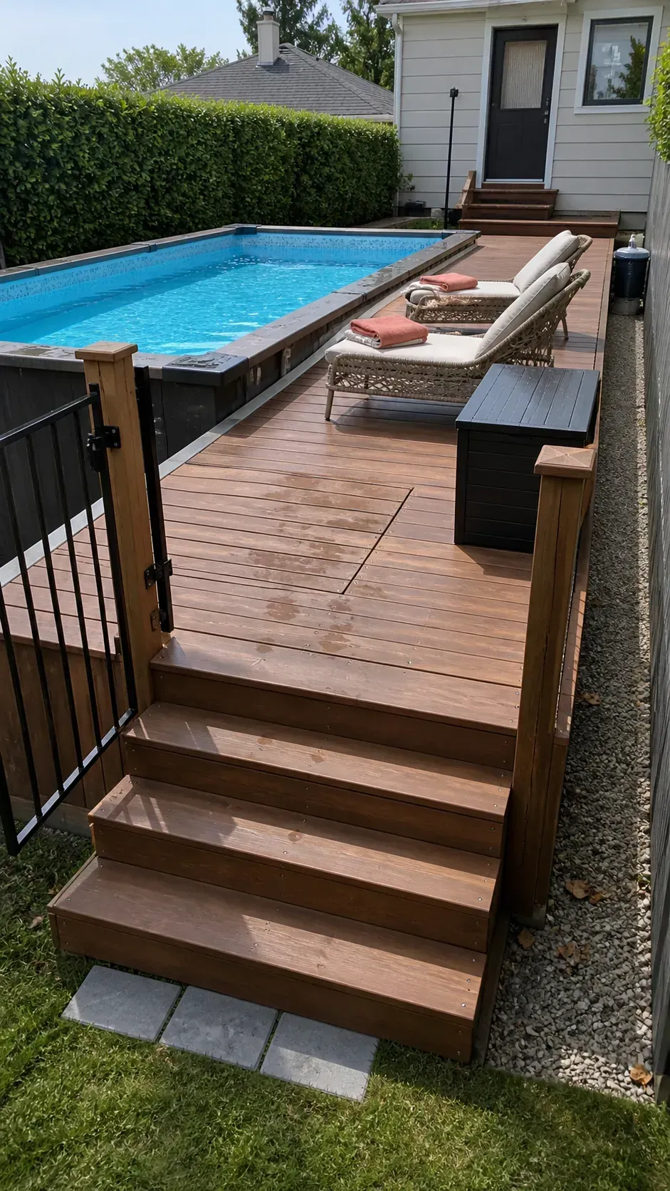 Above-ground pool with a full-width lounge deck and built-in appearance