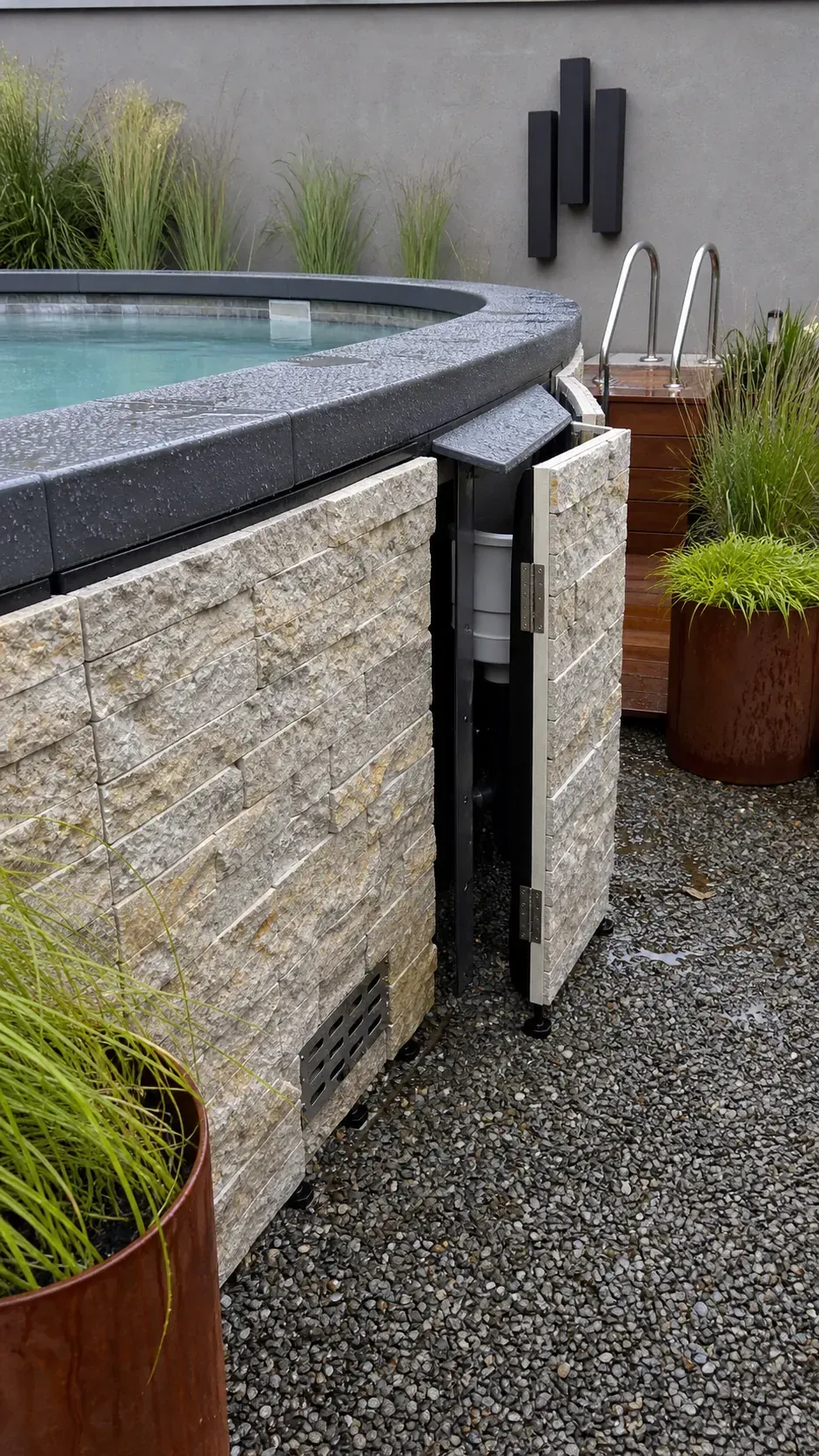 Modern above-ground pool framed with ventilated stone veneer panels