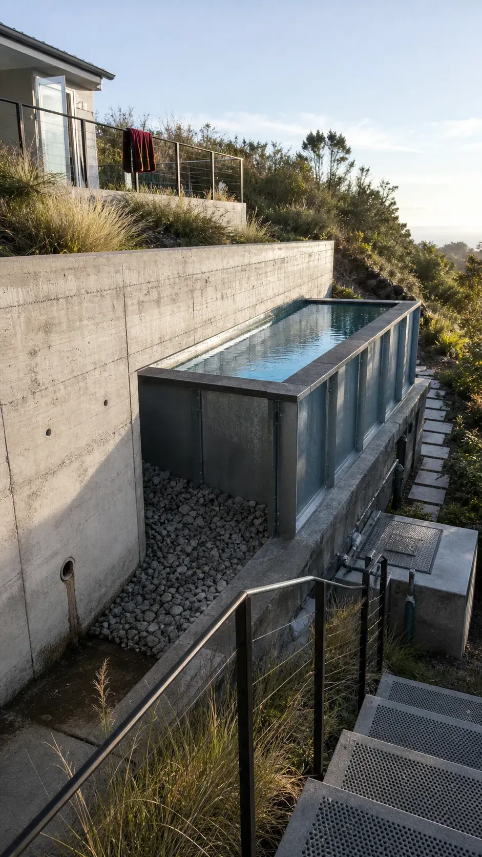 Semi-inground above-ground pool integrated with a retaining wall