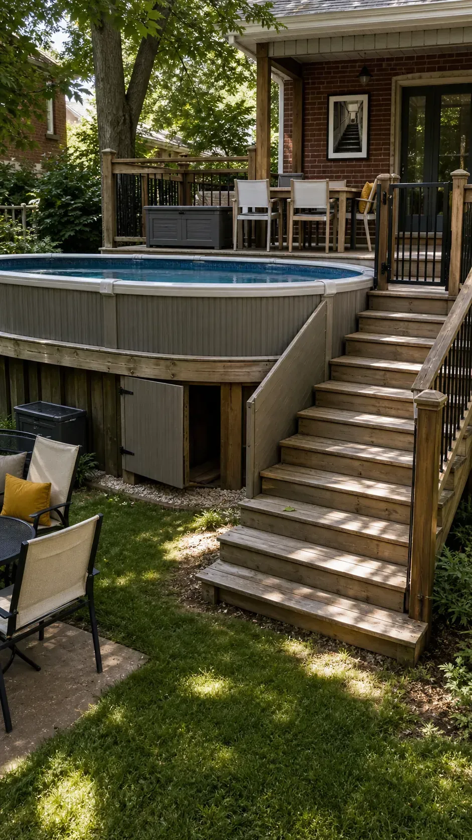 Split-level deck integrating an above-ground pool into a sloped yard