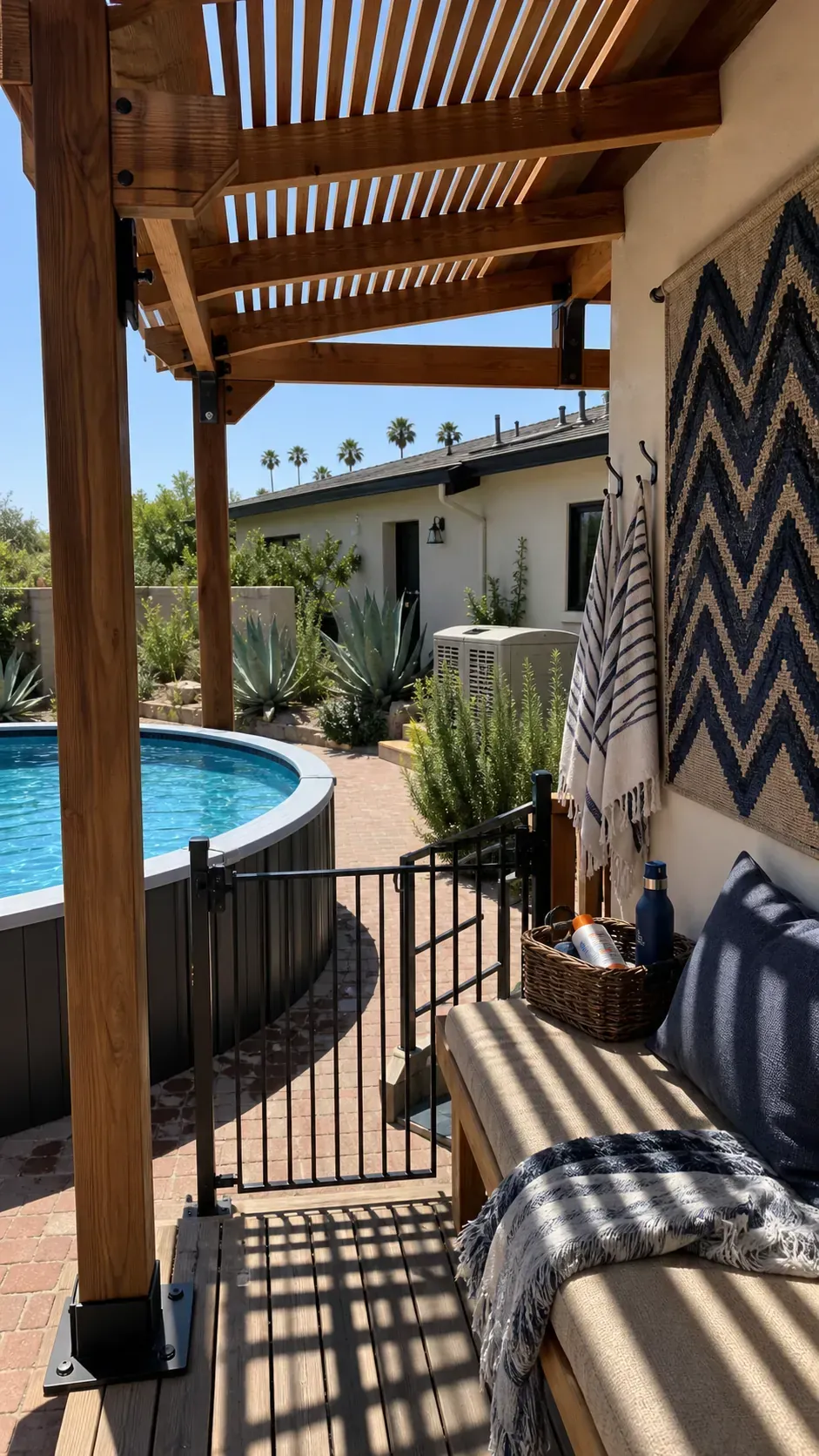 Above-ground pool with a shaded pergola entry platform