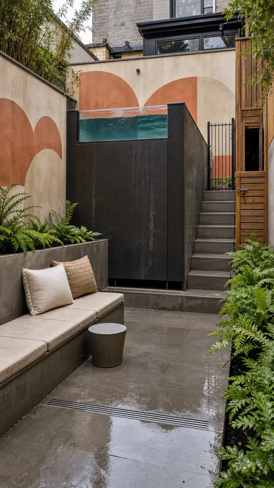 Sunken patio beside a raised above-ground pool wall