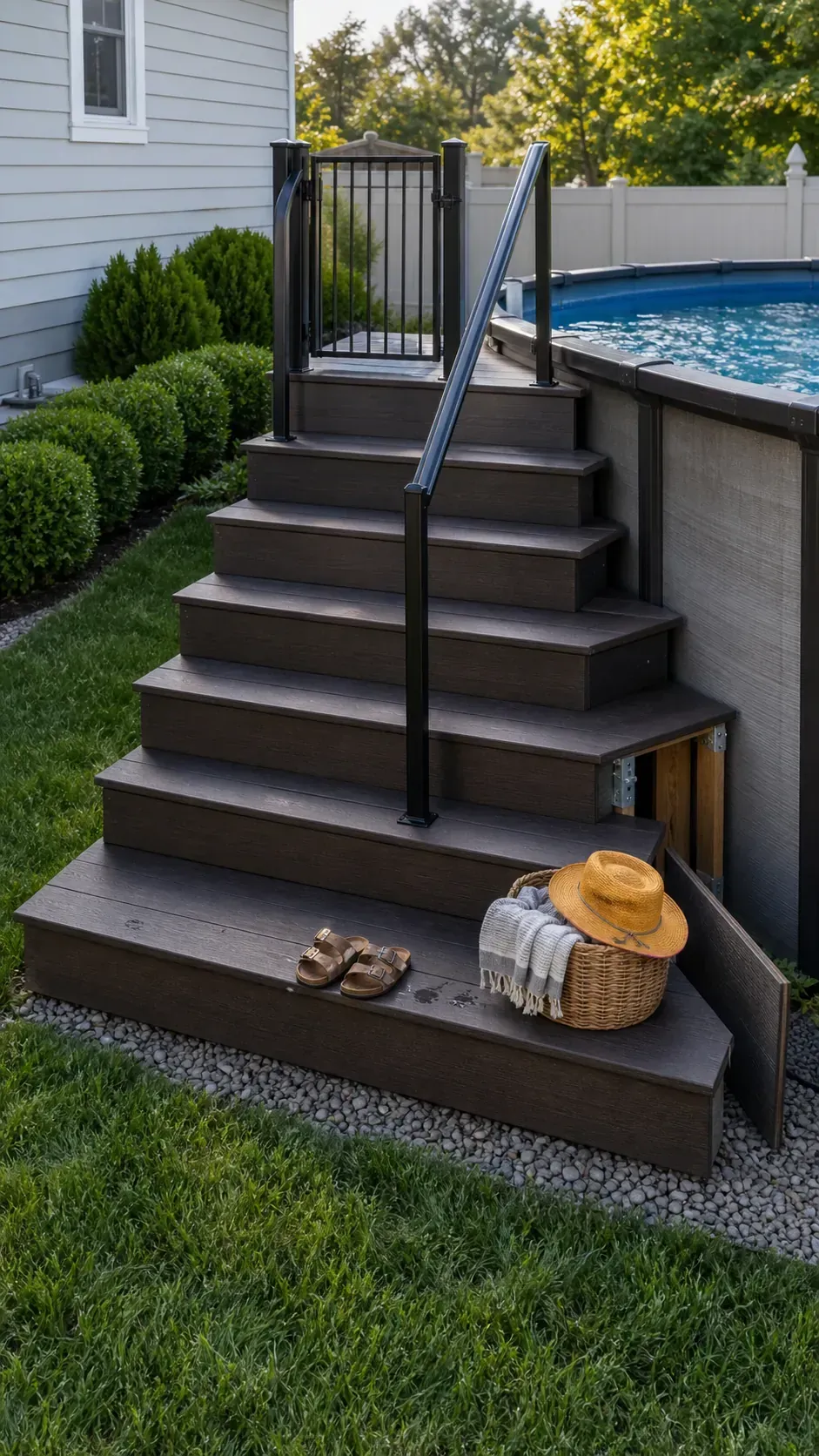 Wide composite steps leading to a built-in-looking above-ground pool