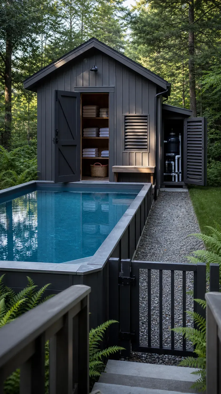 Rectangular above-ground pool aligned with a compact pool house