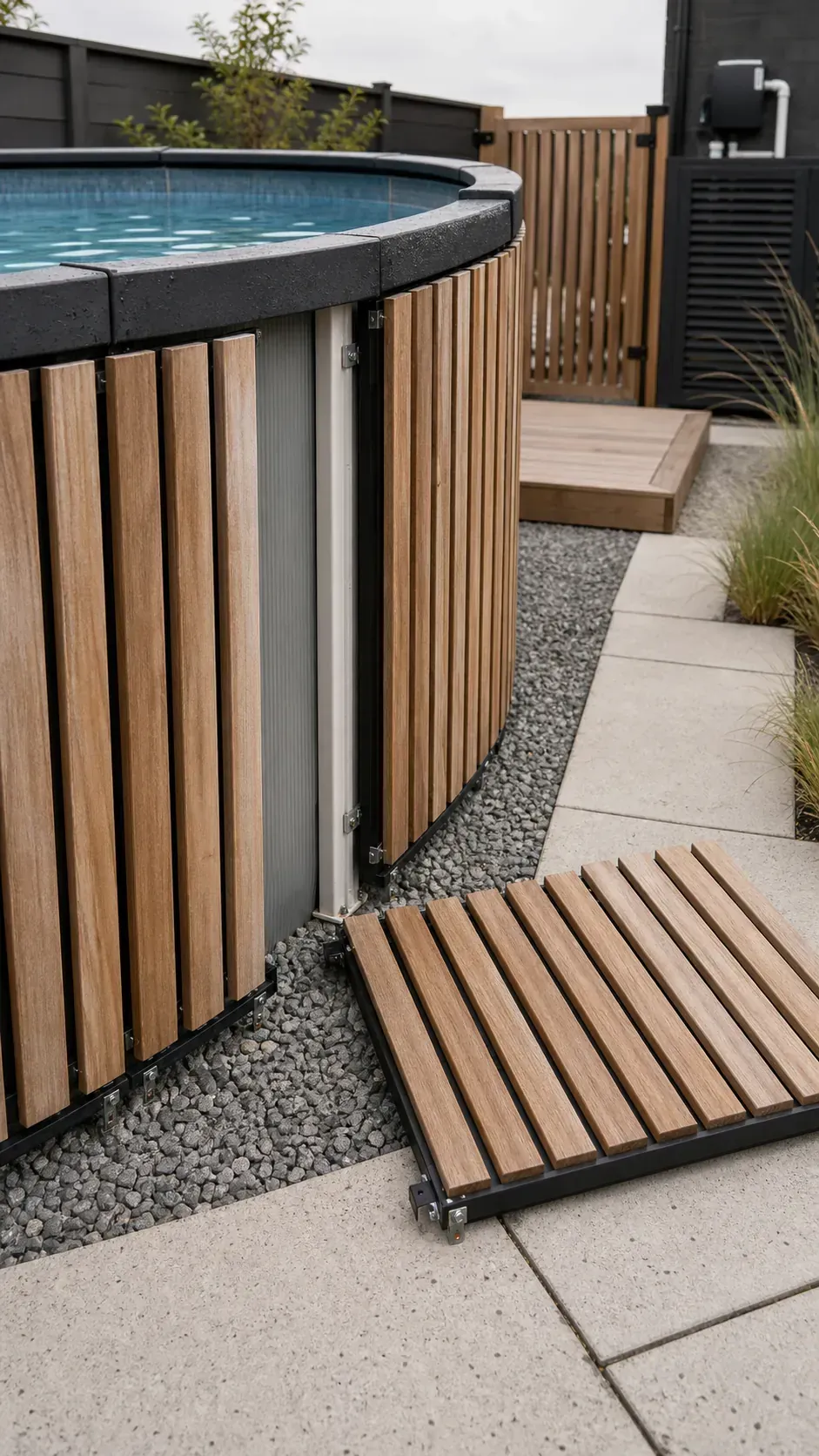Above-ground pool base finished with a removable vertical slat screen