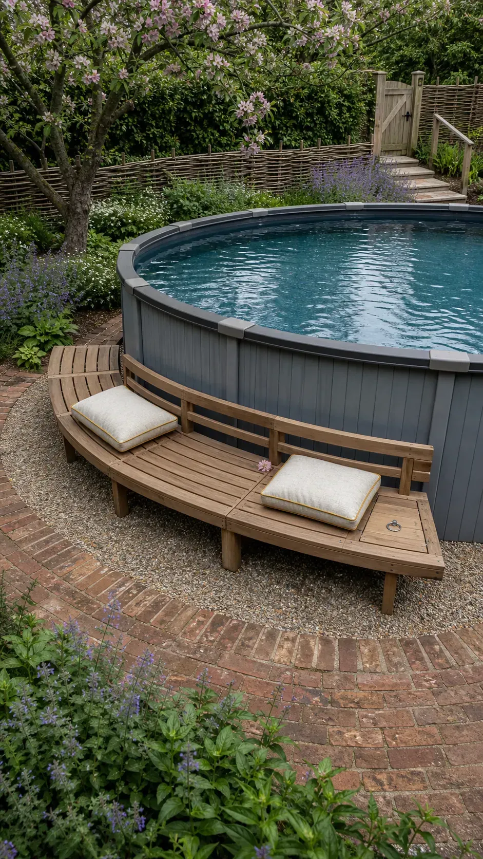 Round above-ground pool with a freestanding curved garden bench