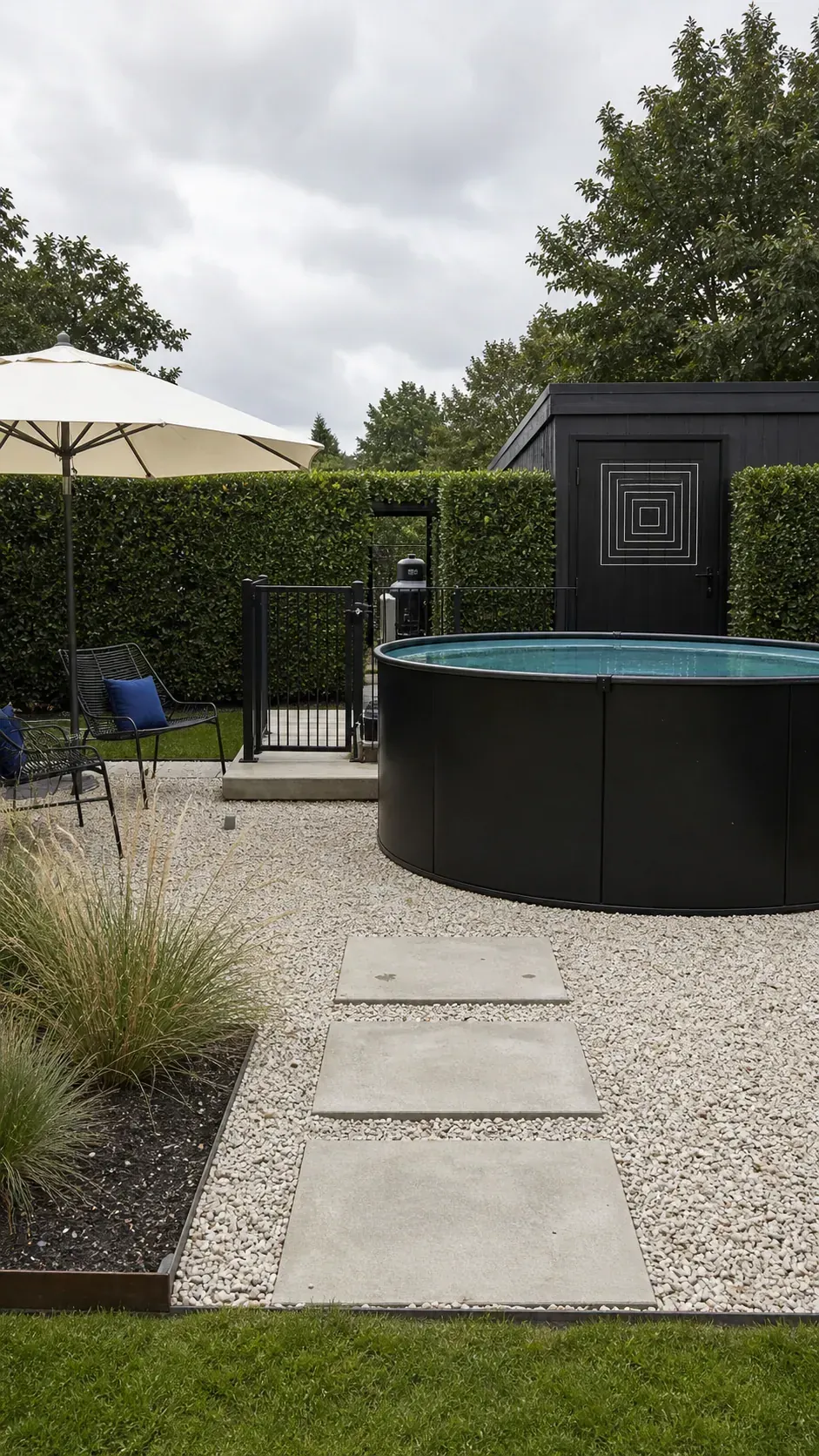 Modern above-ground pool centered in a clean gravel garden court