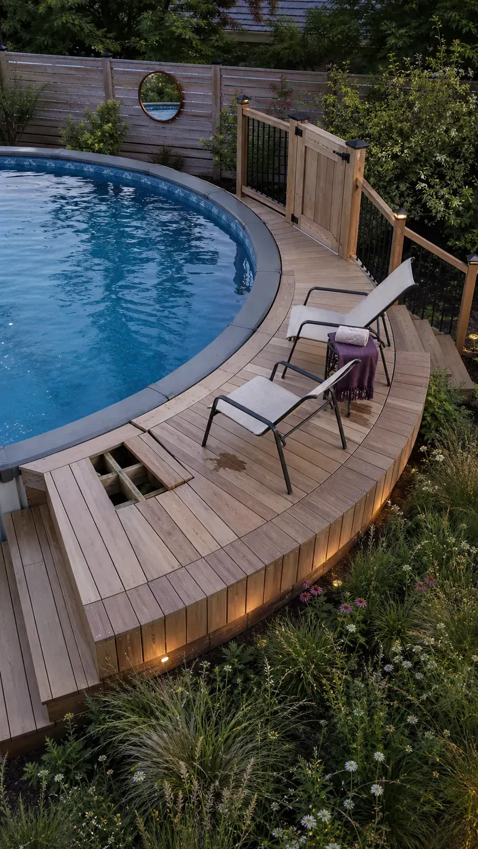 Round above-ground pool paired with a custom crescent deck