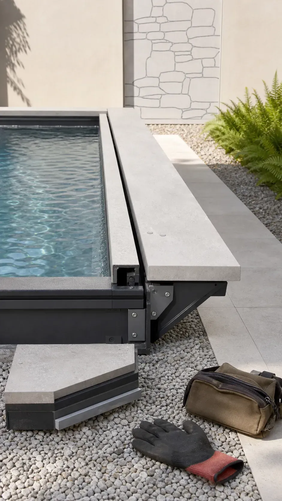 Above-ground pool with a refined freestanding coping ledge surround