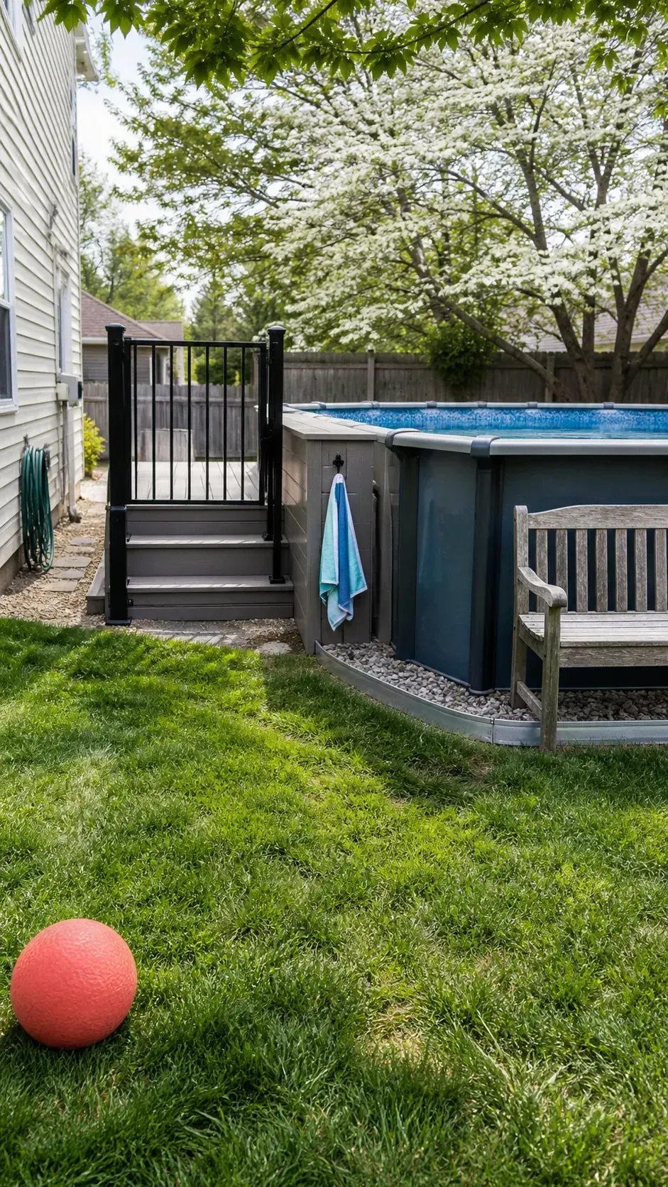Backyard above-ground pool integrated with lawn and a low platform
