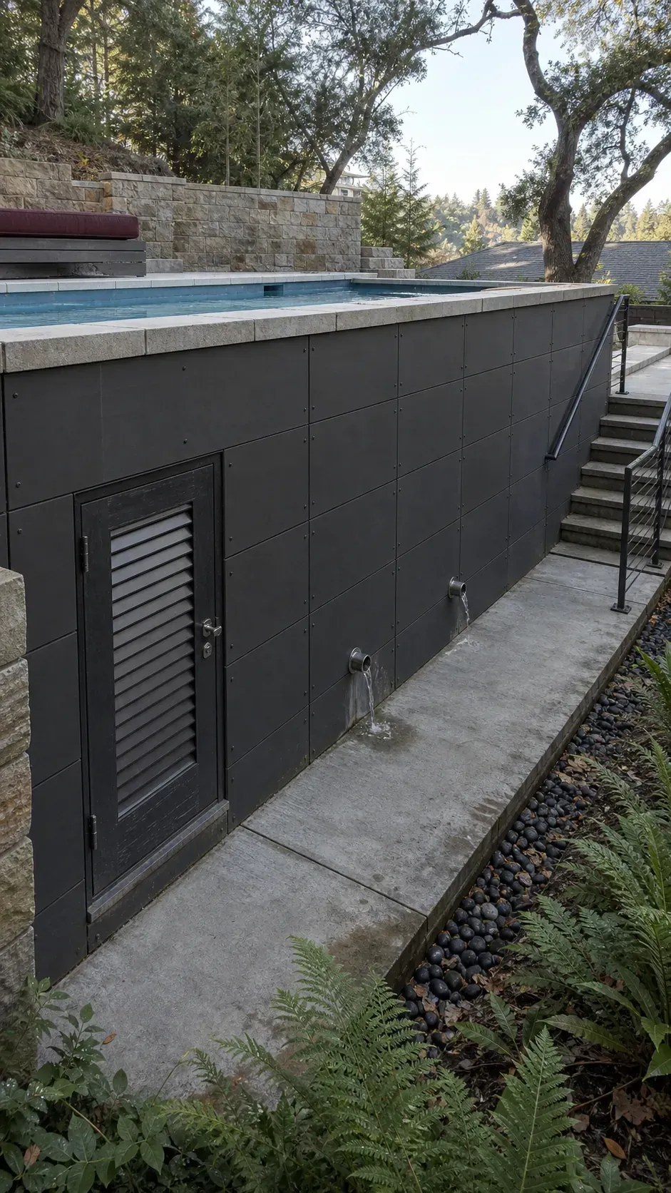 Semi-inground pool with an architectural exposed downhill wall