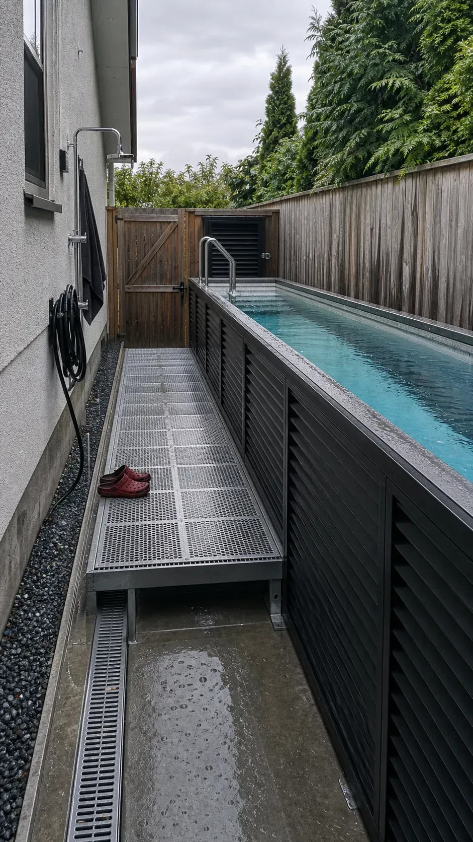 Long narrow above-ground pool integrated into a side yard