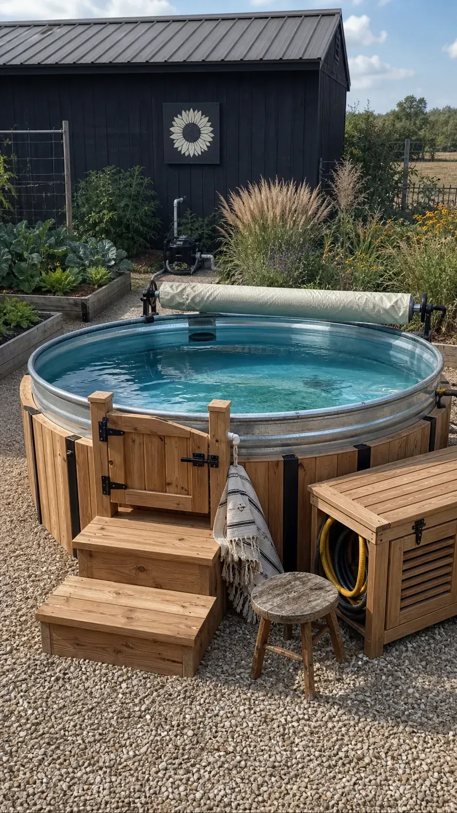 Stock tank pool upgraded with a tailored timber surround