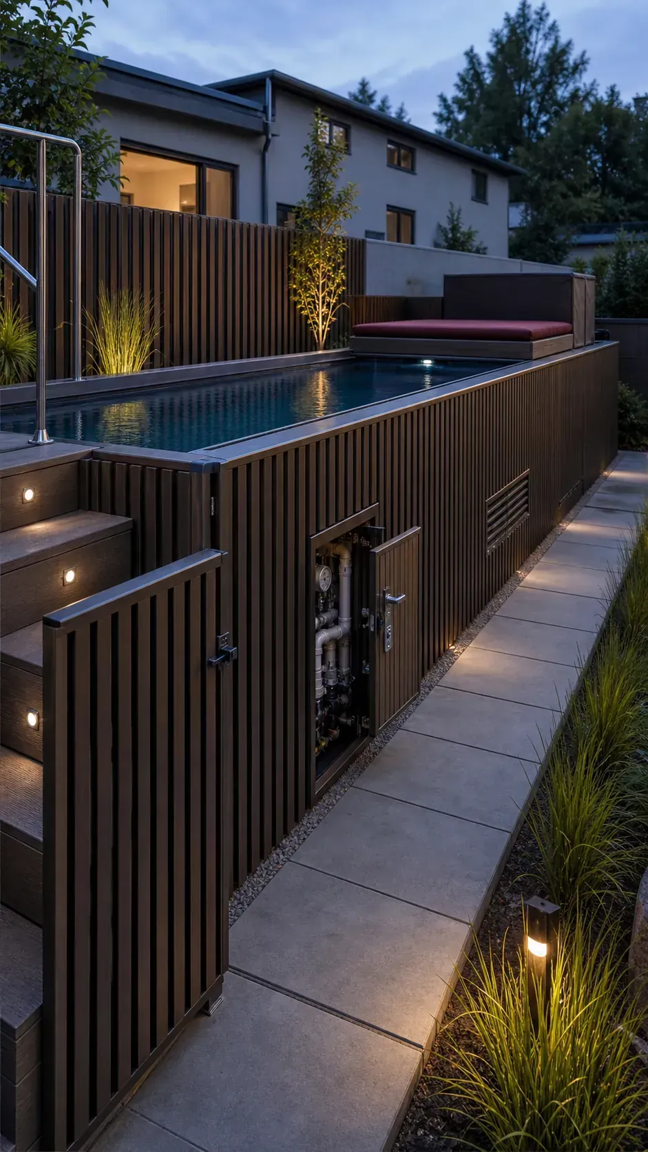 Container-style above-ground pool with a continuous architectural facade