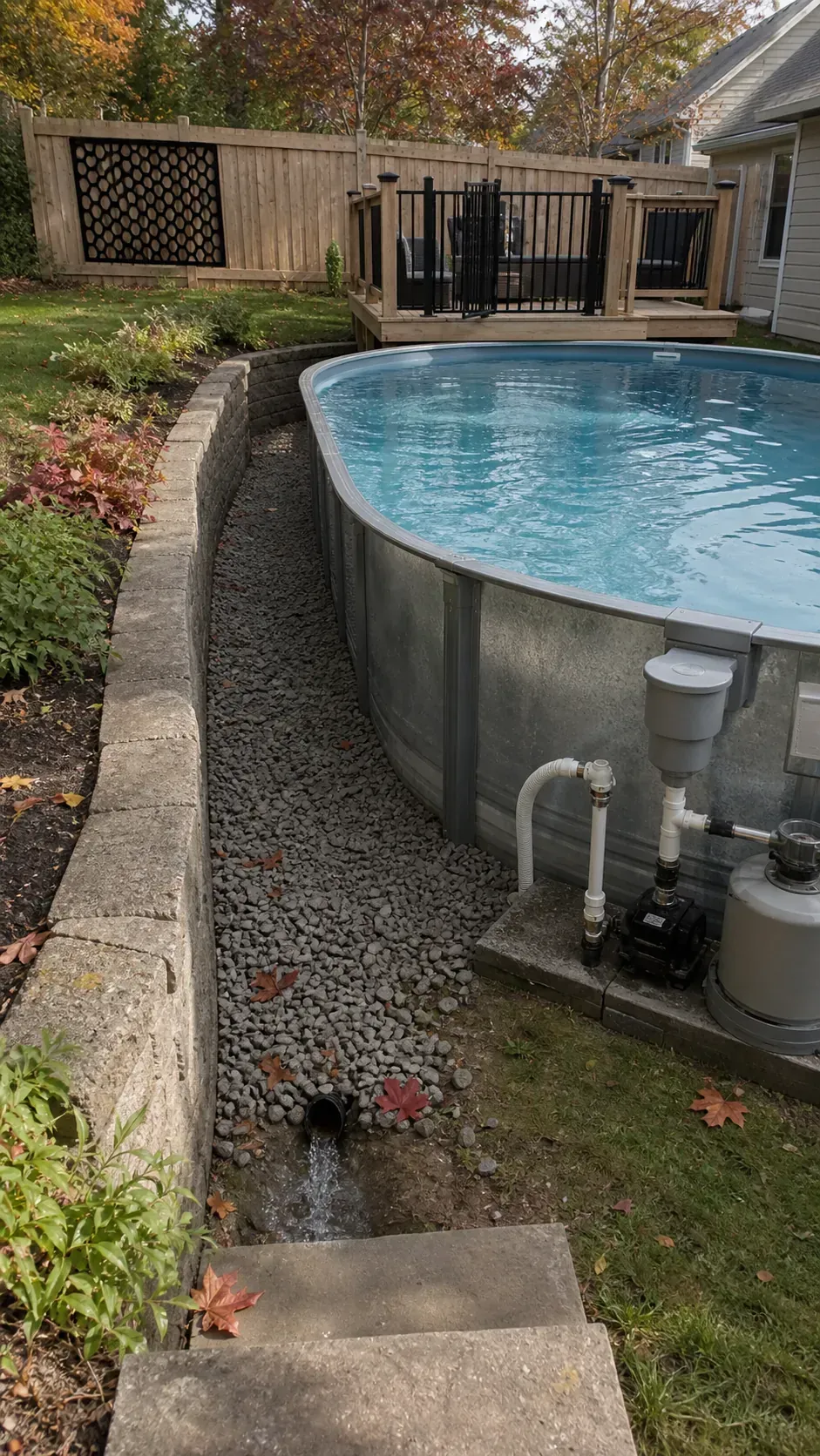 Partially buried oval above-ground pool with landscaped retaining edge
