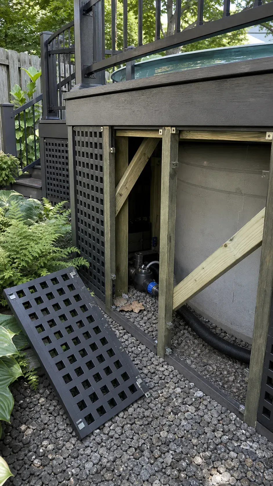 Above-ground pool deck finished with a removable modern lattice skirt