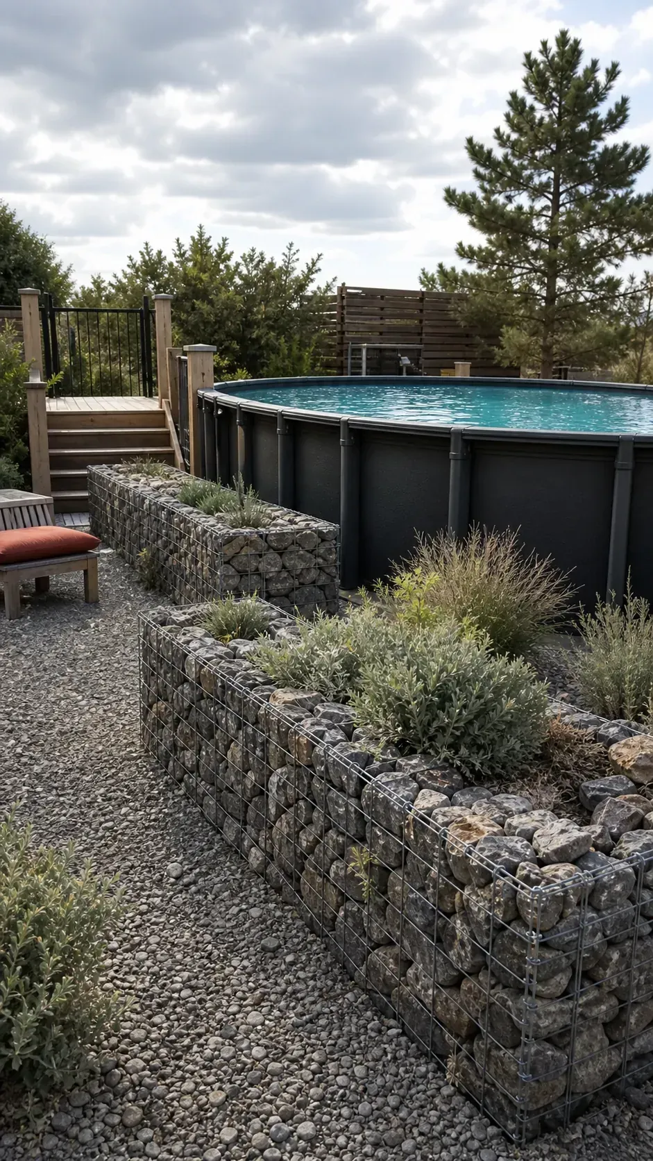 Above-ground pool anchored by low gabion landscape walls