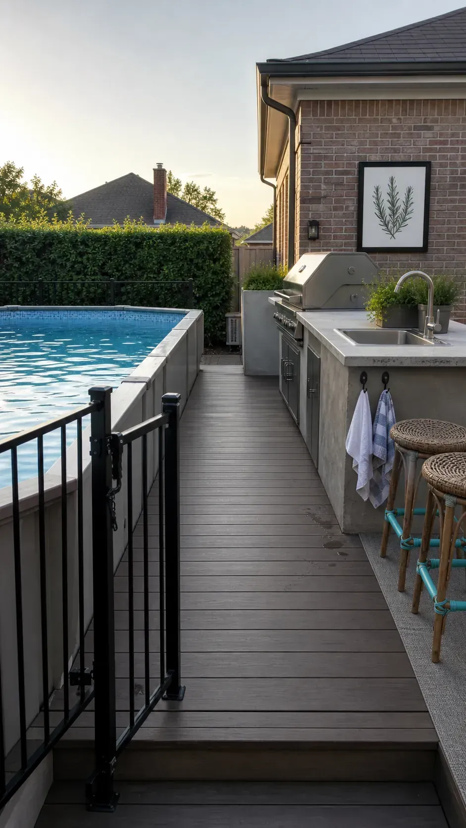 Above-ground pool deck connected to a compact outdoor kitchen