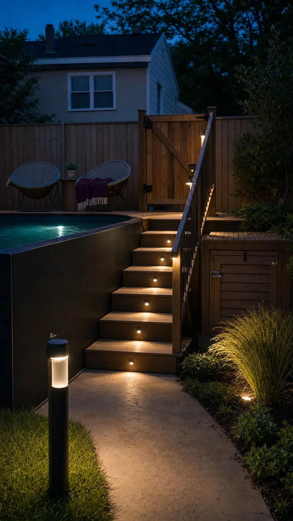 Built-in-looking above-ground pool enhanced by layered evening lighting