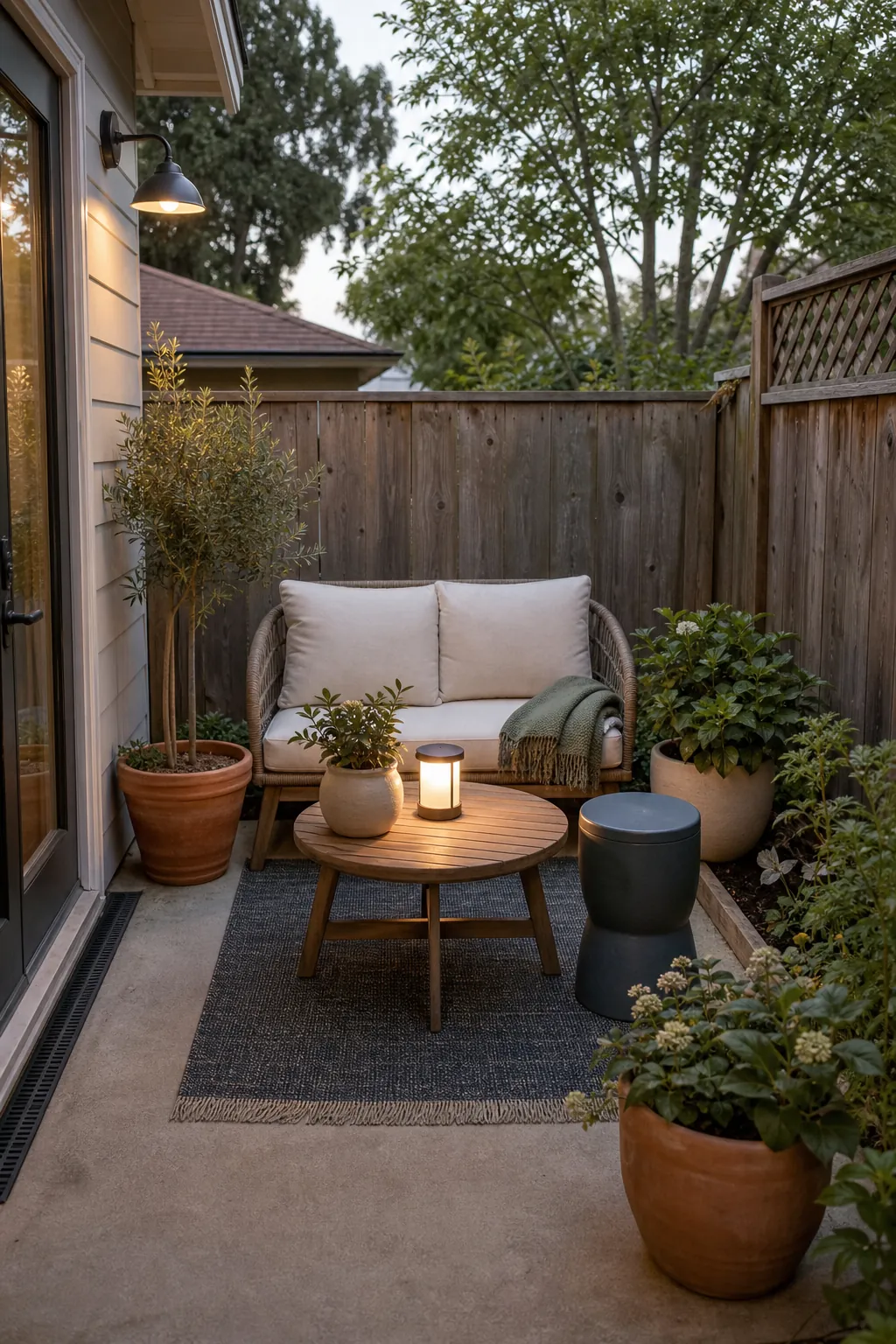 Cozy small patio with comfortable seating layered light and natural textures