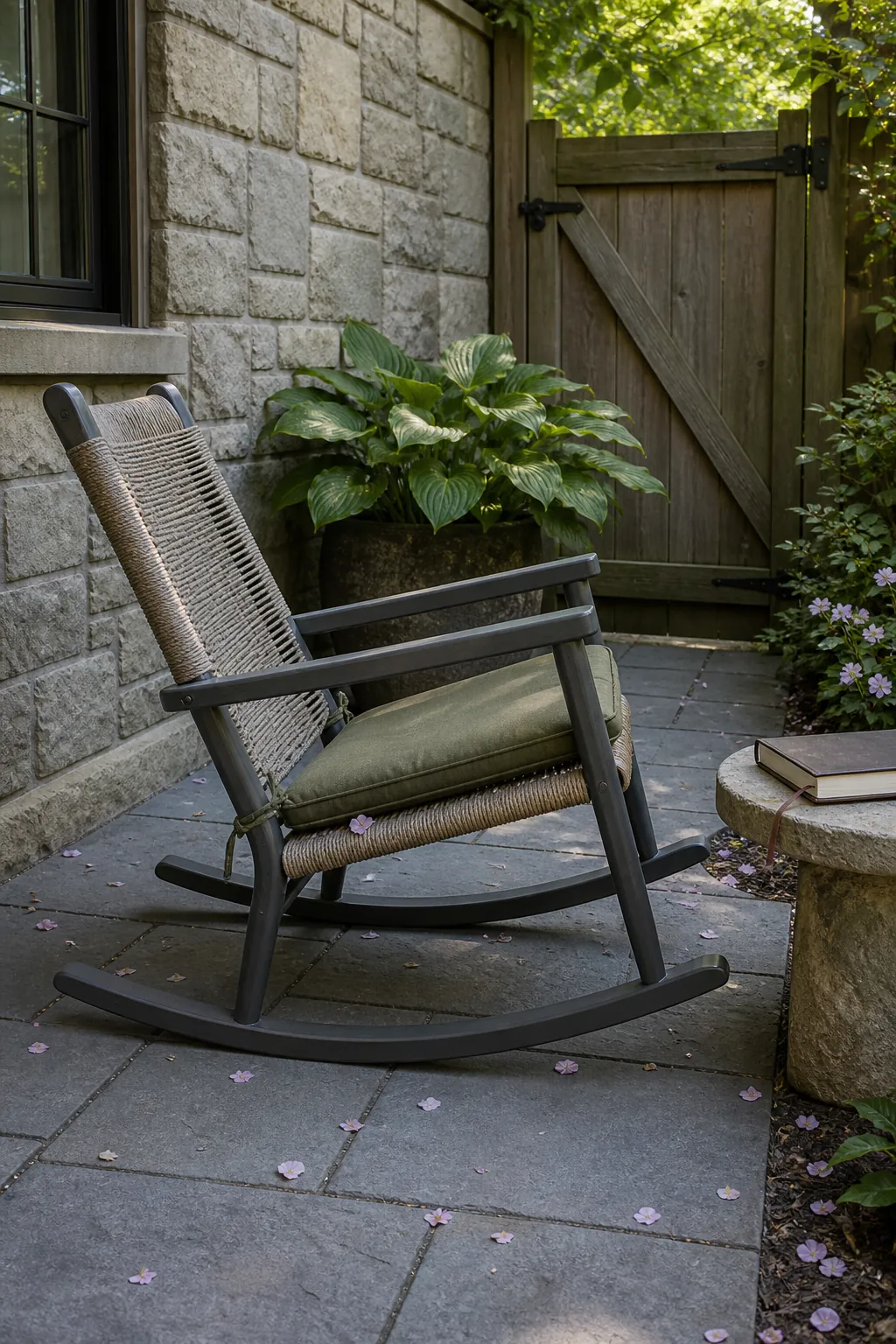Small shaded patio with one compact outdoor rocking chair