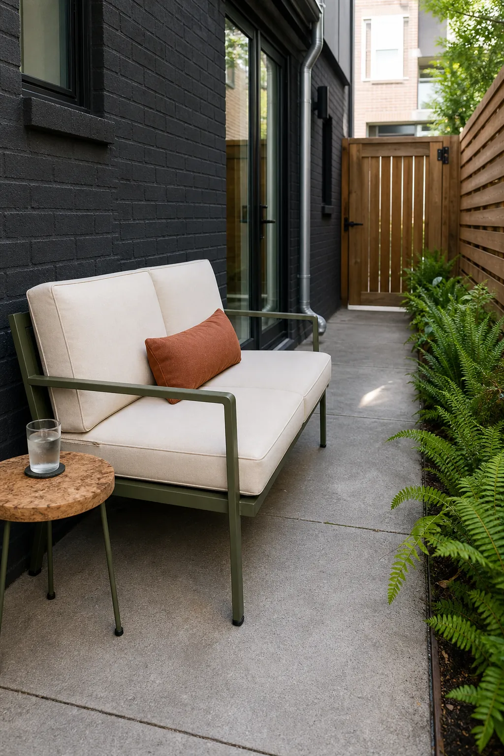 Tiny outdoor patio with a compact comfortable loveseat
