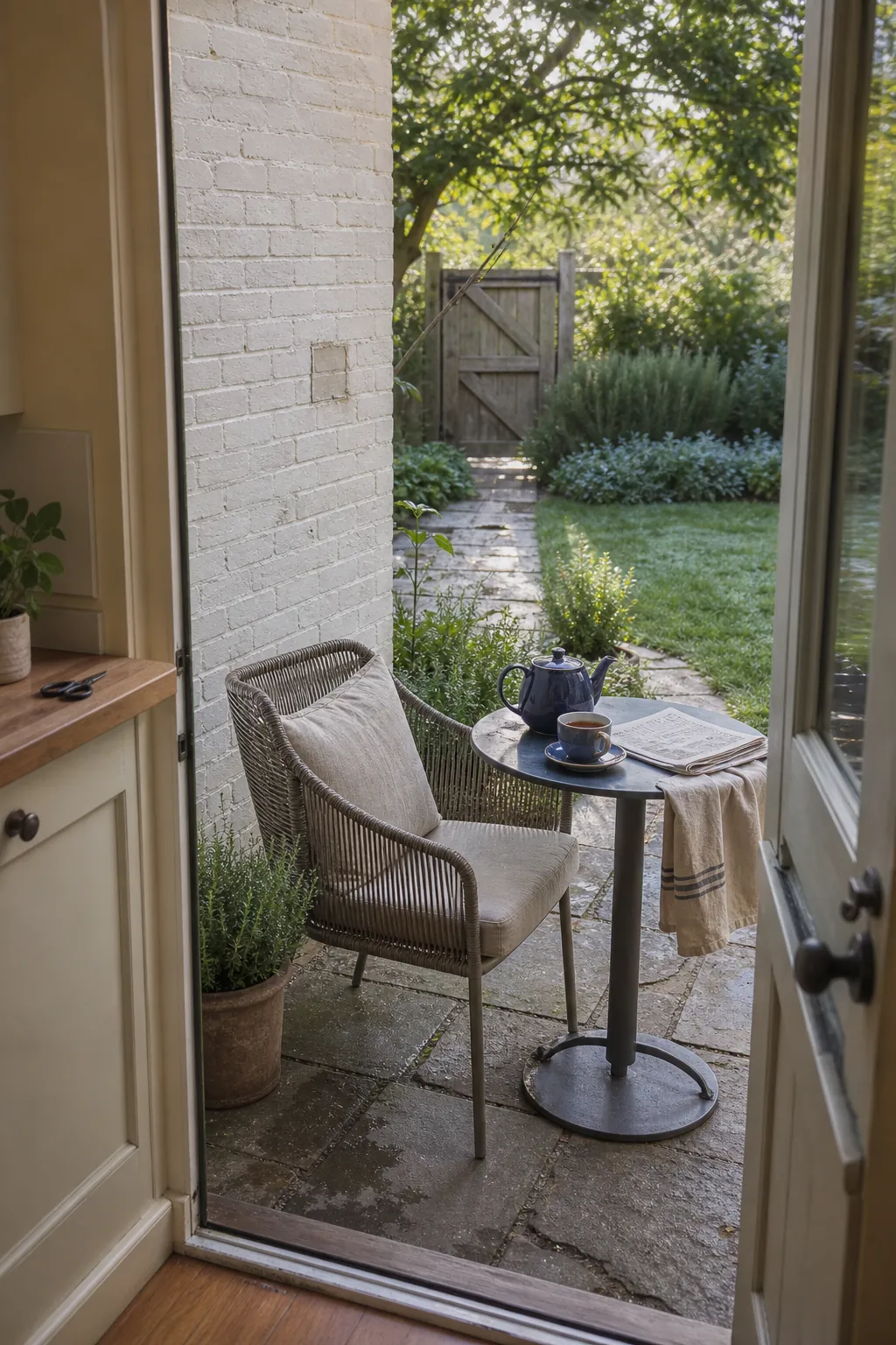 Cozy small patio arranged for a quiet morning tea ritual