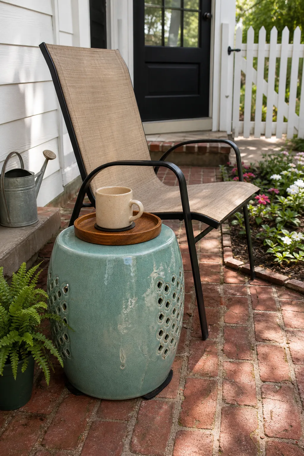 Cute small patio with a ceramic garden stool beside a lounge chair