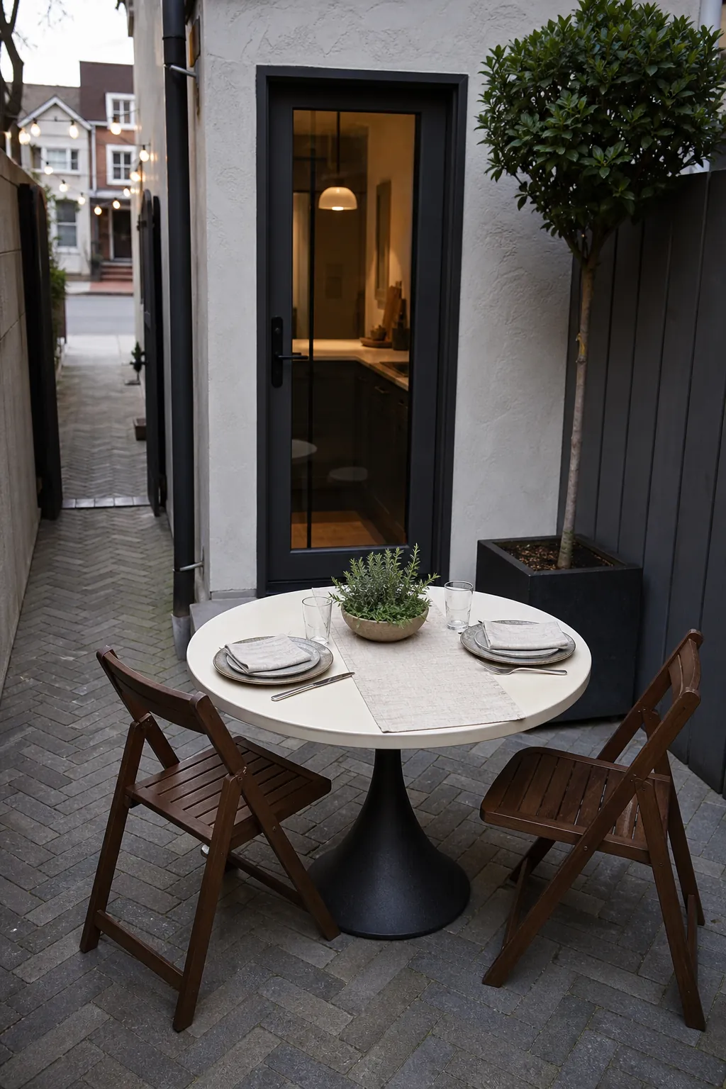 Cozy small back patio with a round pedestal table