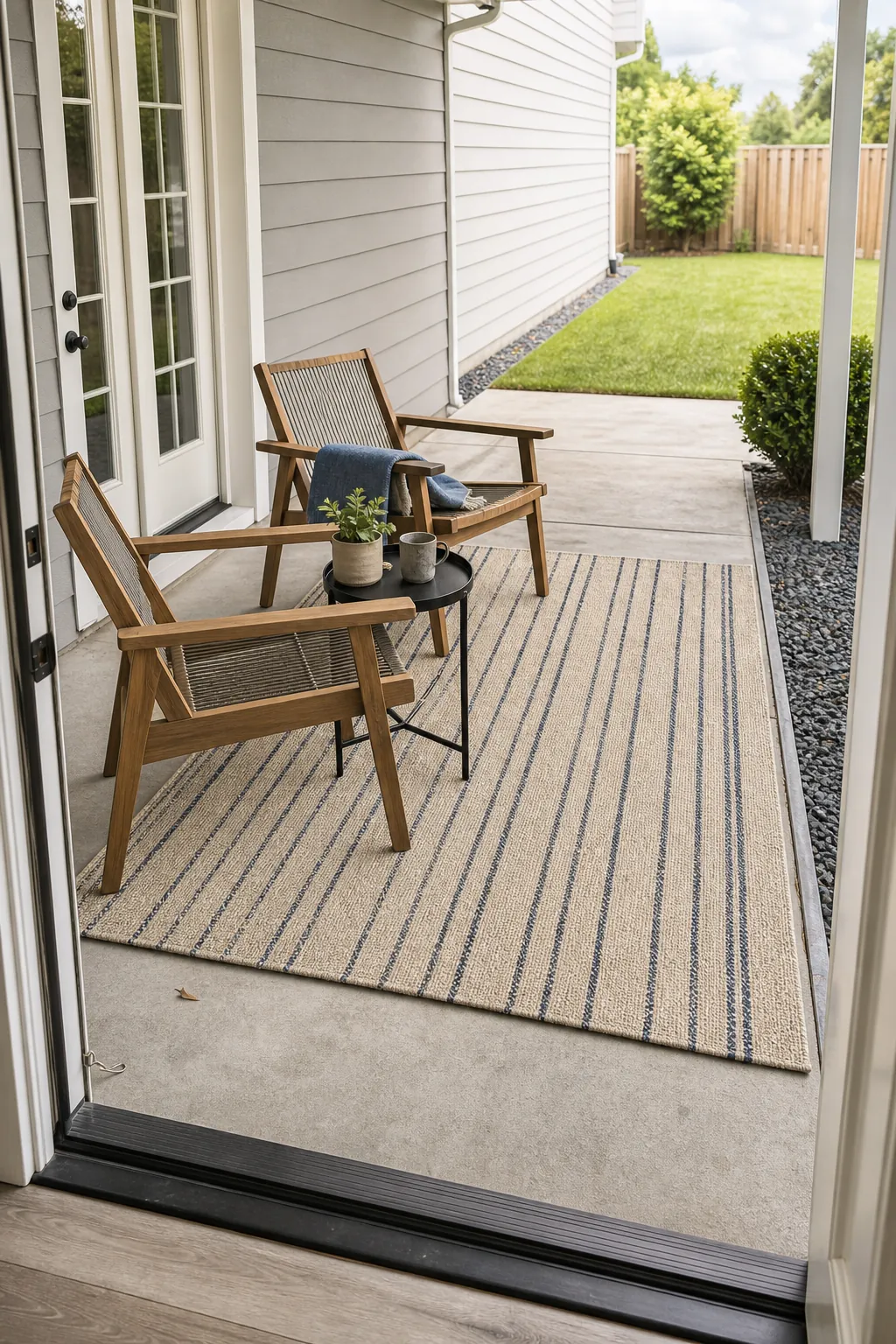 Cozy outdoor patio seating on a breathable low-pile rug