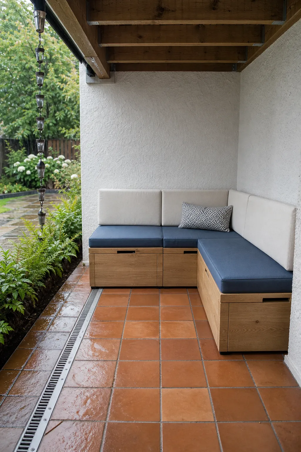 Small patio corner bench with fitted weather-resistant cushions