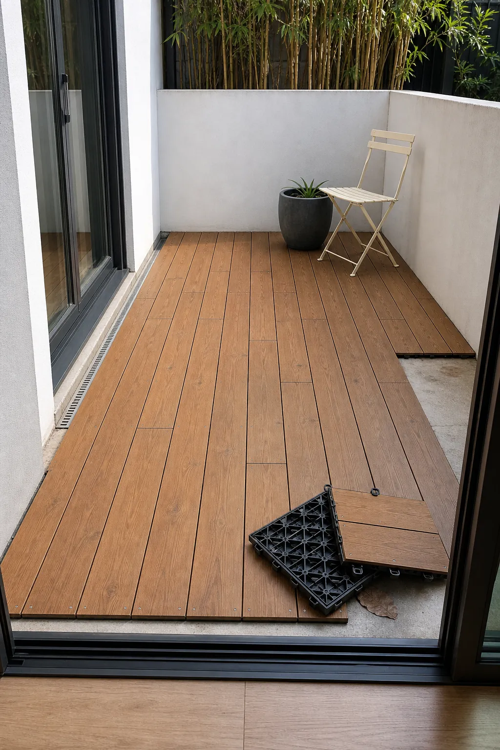 Tiny patio warmed by removable wood-look deck tiles