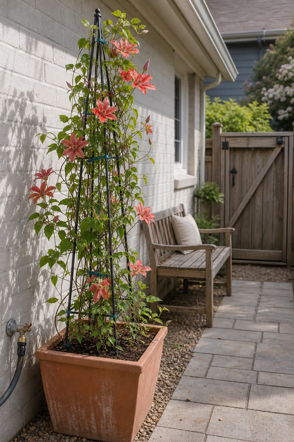 Small outside patio with a narrow freestanding flowering trellis
