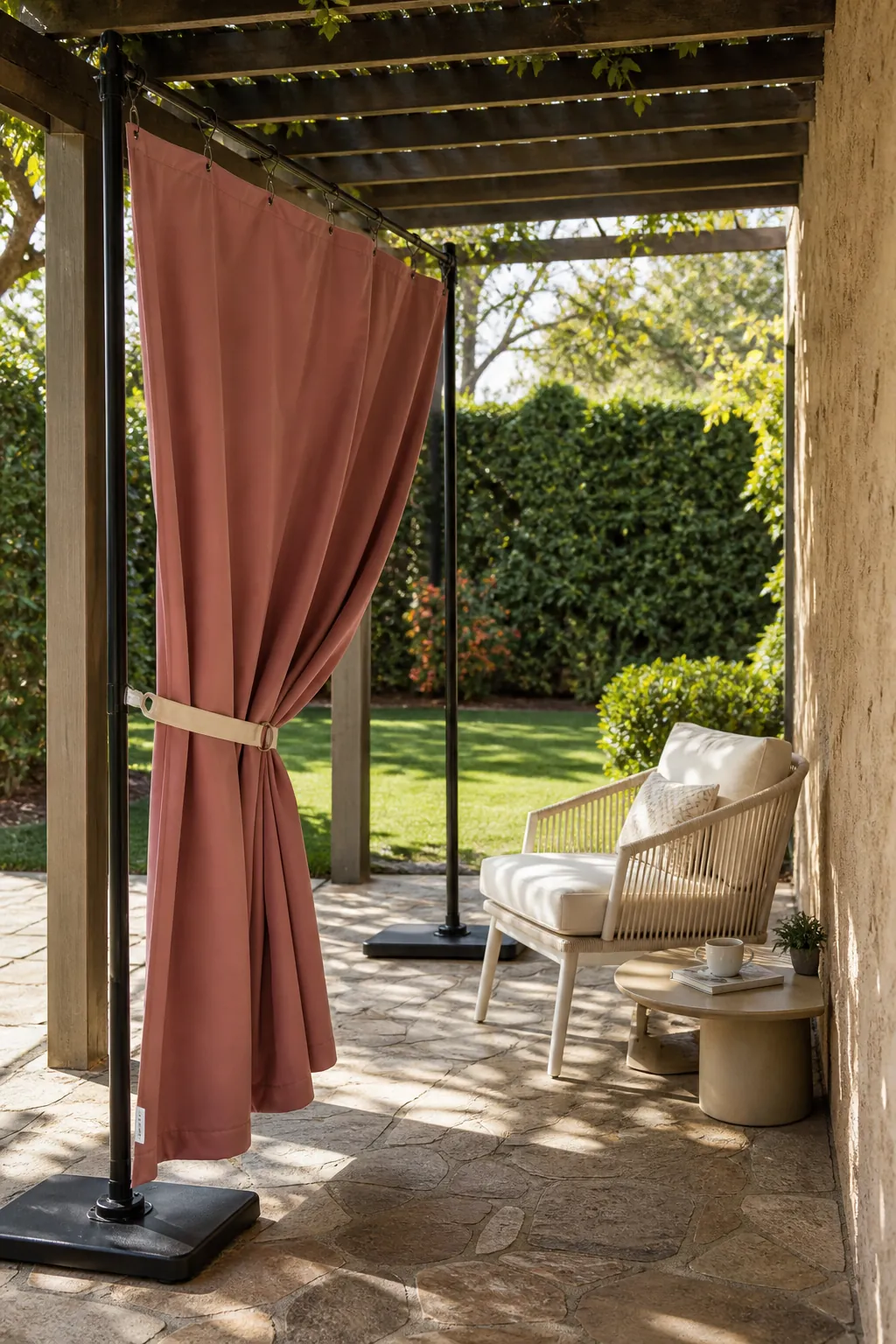 Covered cozy patio with one tied-back outdoor privacy panel