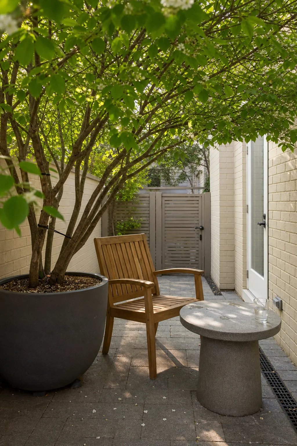 Cozy patio corner shaded by one container-grown small tree