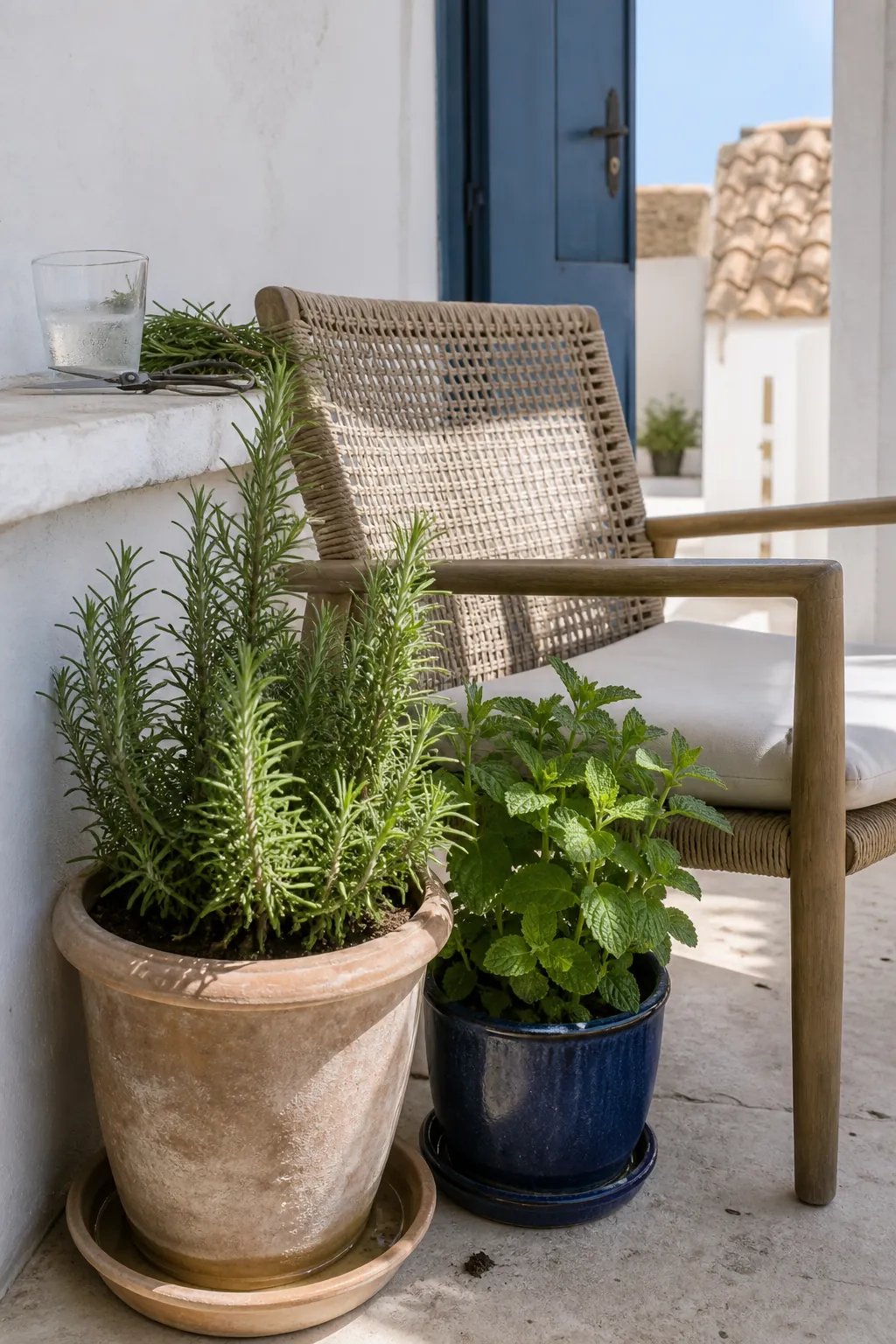 Tiny patio chair beside pots of fragrant rosemary and mint