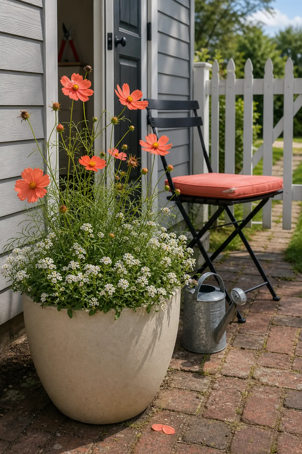 Cute small patio with one pot of fresh seasonal flowers