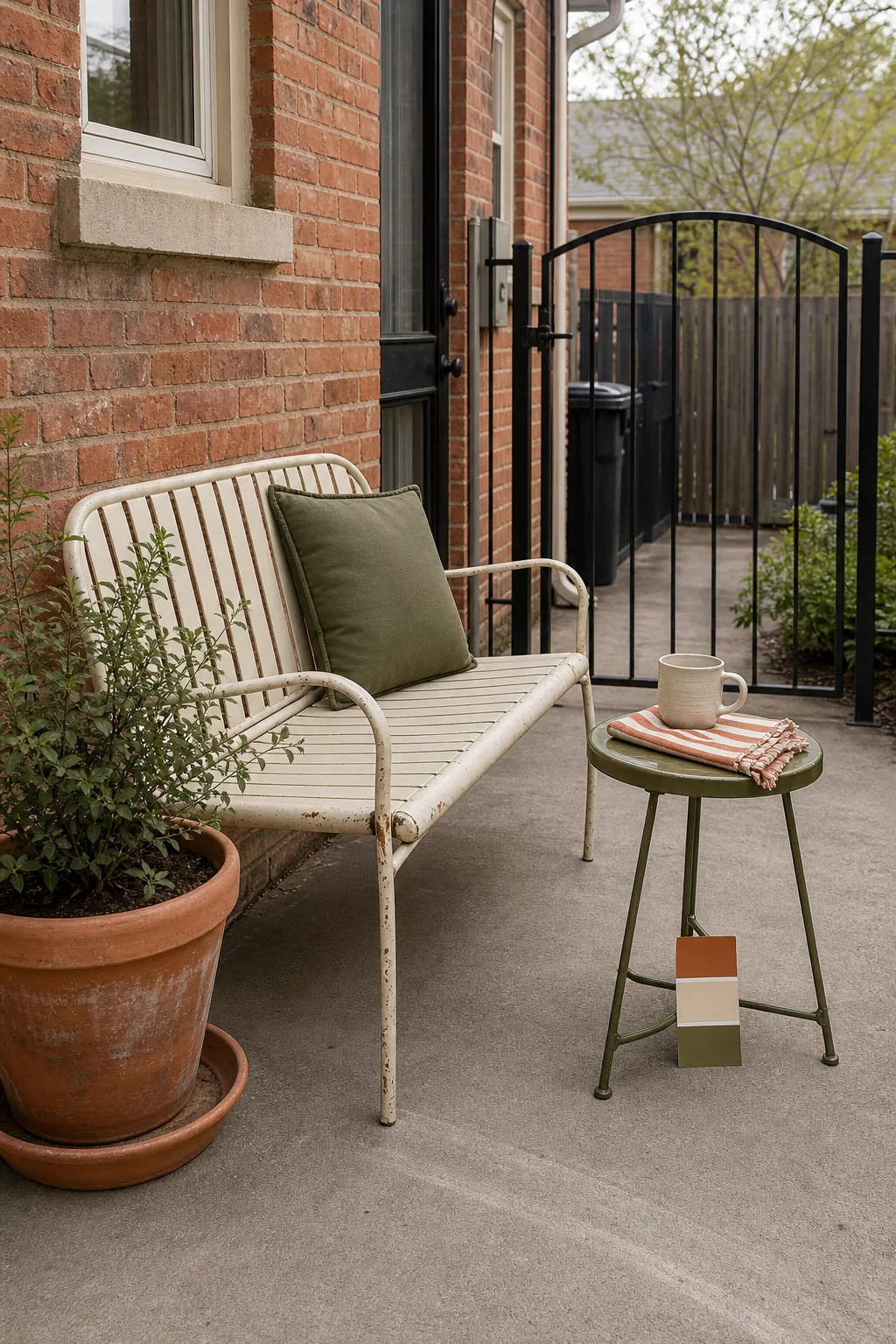 Small patio styled with a calm terracotta cream and olive palette